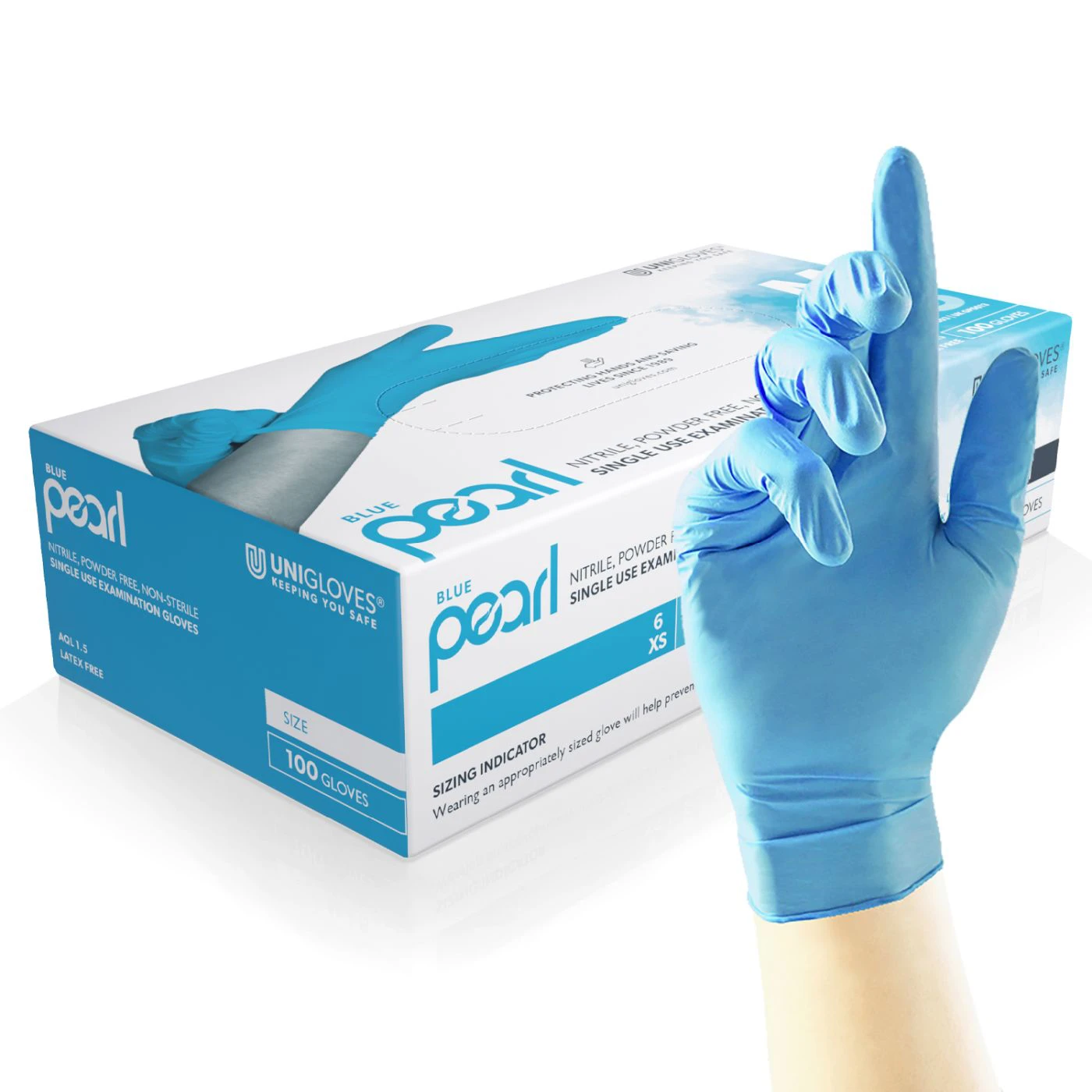 Mănuși din nitril nepudrate Blue Pearl (100 buc./set) / Unigloves / Mănuși de unică folosință