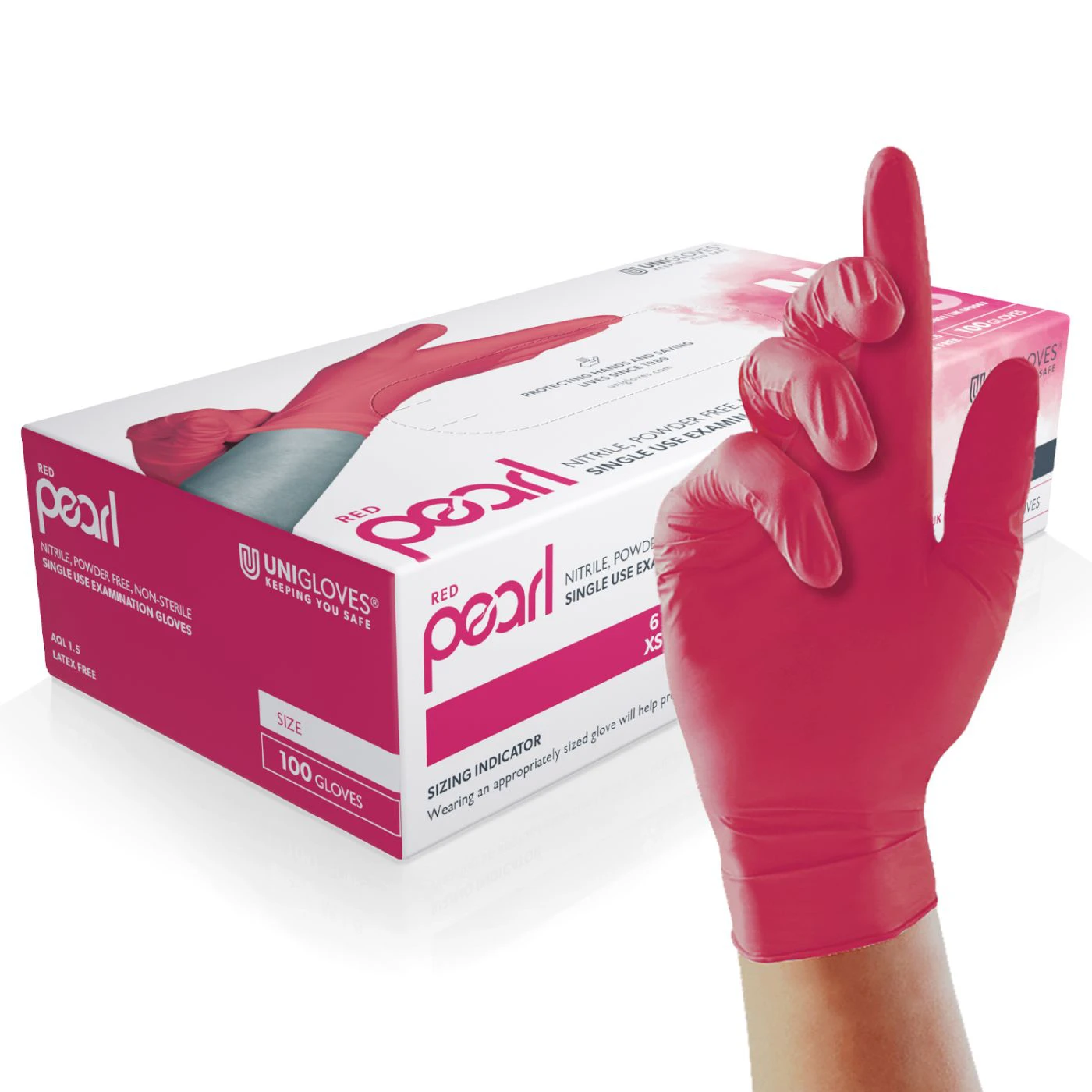 Mănuși din nitril nepudrate Red Pearl (100 buc./set) / Unigloves / Mănuși de unică folosință