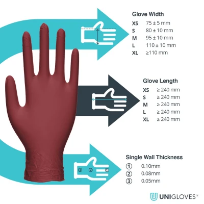 Mănuși din nitril nepudrate Burgundy Pearl (100 buc./set) / Unigloves / Mănuși de unică folosință