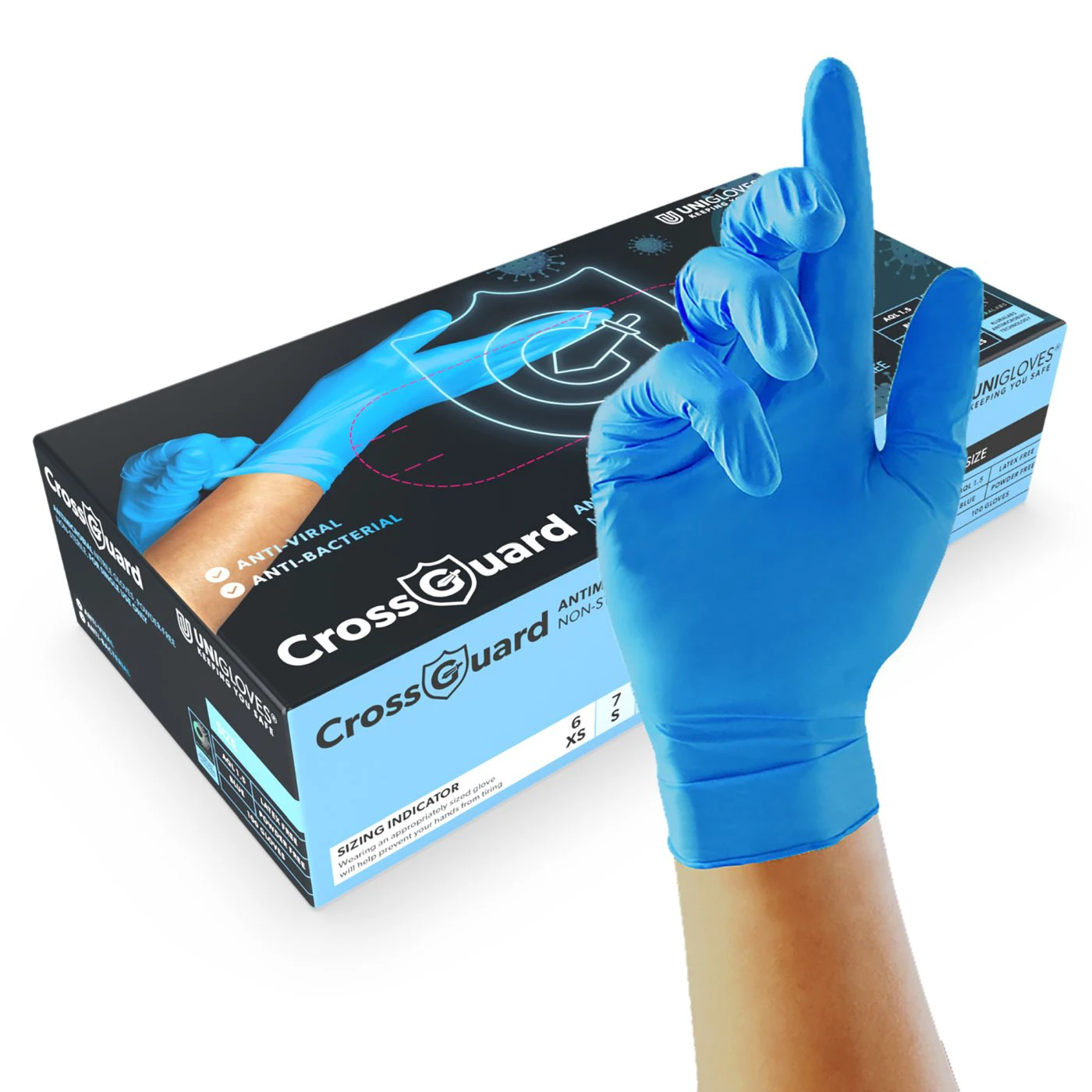 Mănuși de protecție antimicrobiene din nitril CrossGuard Nitrile (100 buc./set) / Unigloves / Mănuși de unică folosință