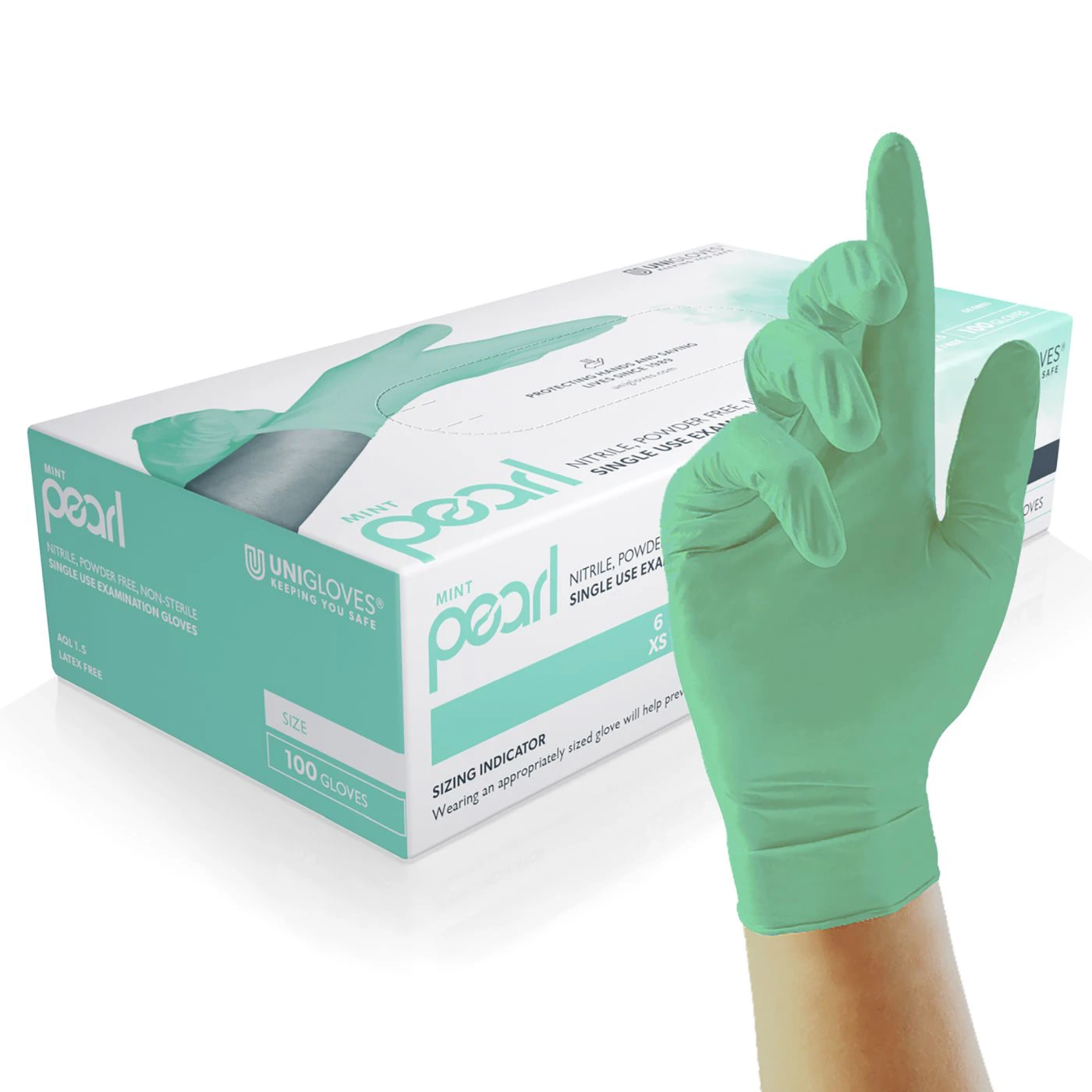Mănuși din nitril nepudrate Mint Pearl (100 buc./set) / Unigloves / Mănuși de unică folosință